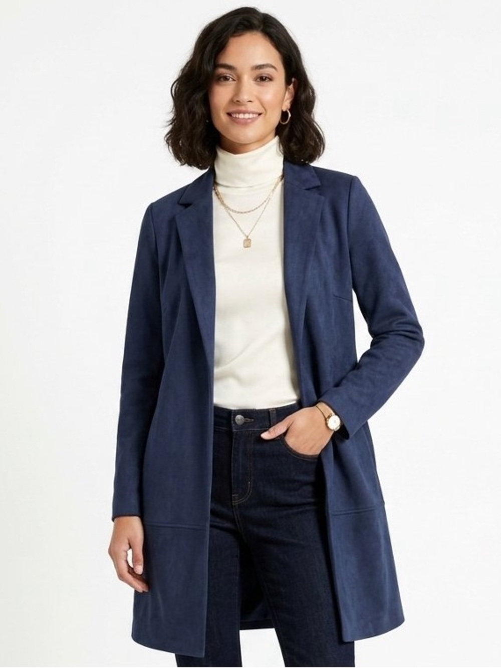 Magaschoni Deep Navy Slim Longline Faux Suede Open Front Coat